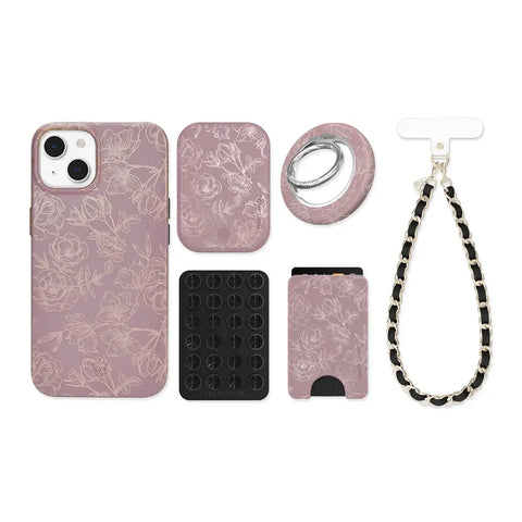 Dusty Rose Chrome Floral iPhone Bundle Set