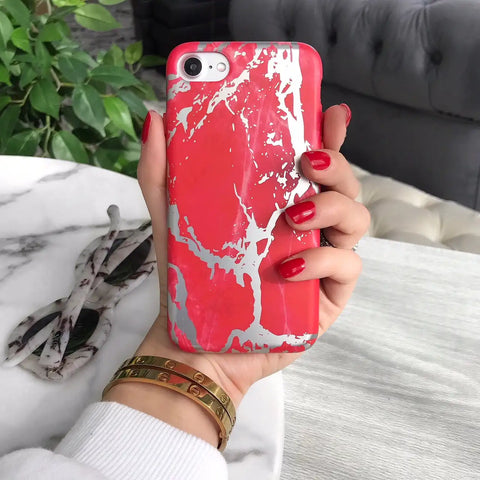 Red Marble Silver Chrome iPhone Case