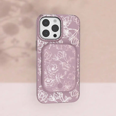 Dusty Rose Chrome Floral Portable MagSafe Charger Power Pack