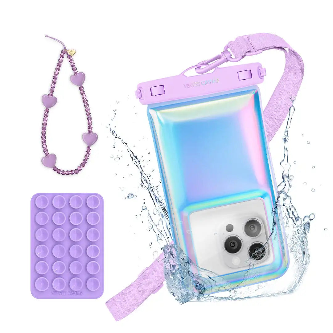 Lavender Holo Waterproof Floating Phone Pouch Bundle